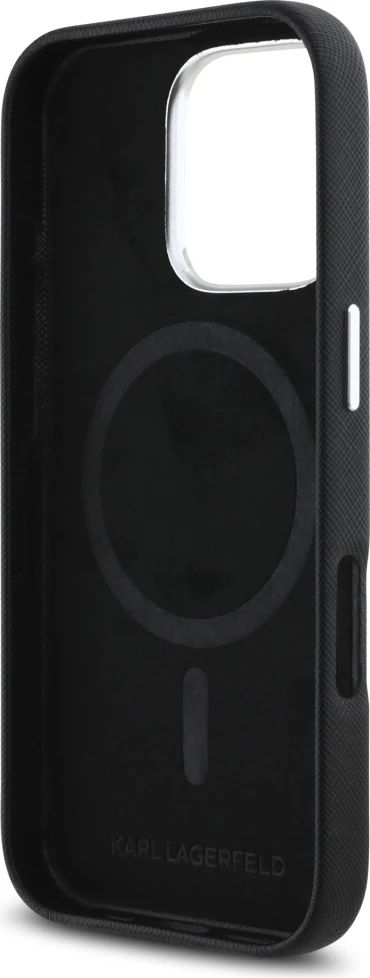 Mbështjellës Karl Lagerfeld Saffiano Full Wrapped Elongated Metal Logo MagSafe për iPhone 16 Pro, Zi