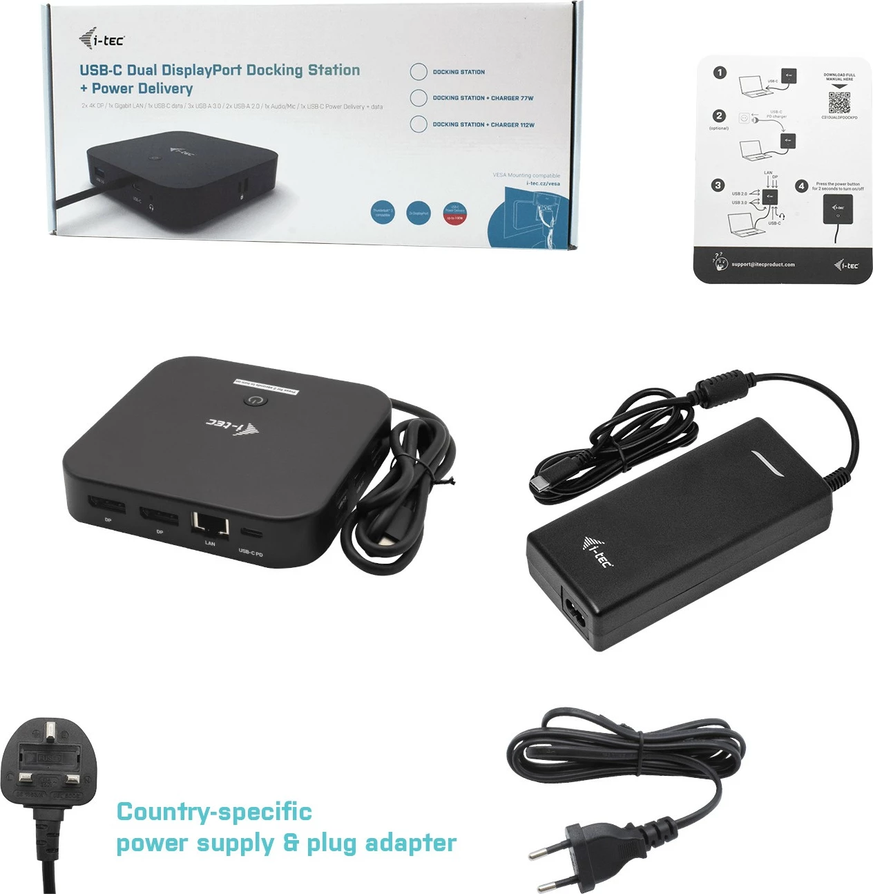 Doking stacion i-tec USB-C Dual Display, 100W, me karikues universal, i zi