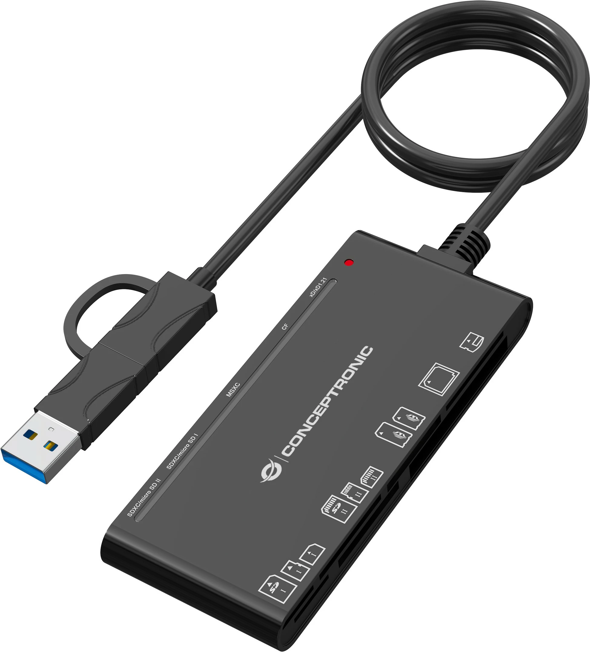 Lexues kartelash Conceptronic 7-në-1, USB-A/USB-C, i zi