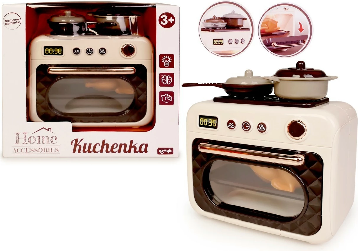 Sobë/furrë lodër me dritë, Artyk, 180507, me melodi, 12 cm, punon me 2x AA (pa bateri), set tigan + tenxhere + gjeldeti, bezhë/kafe/krem