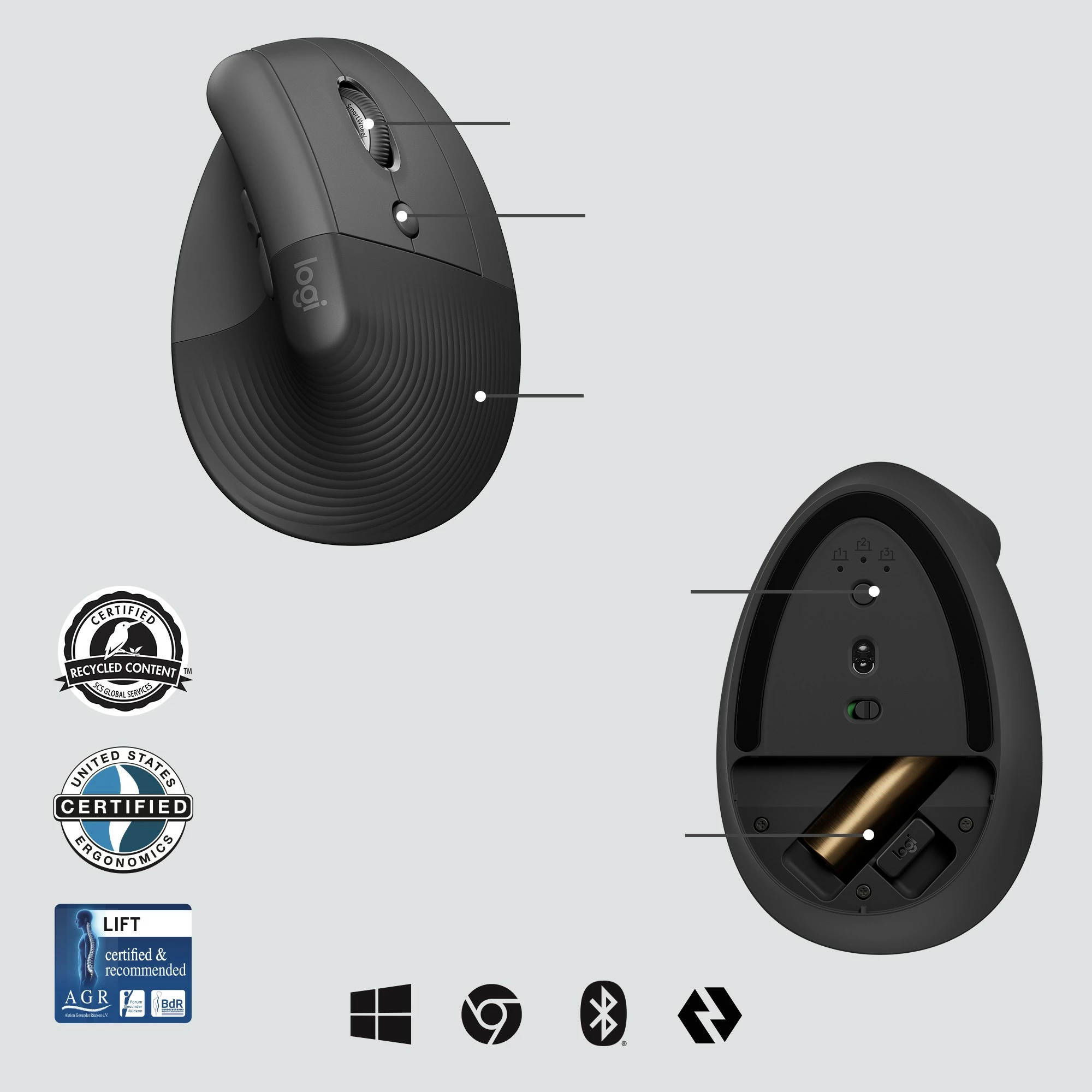 Maus ergonomik Logitech Lift për biznes, dizajn vertikal, optik, RF Wireless + Bluetooth, 4000 DPI, grafit