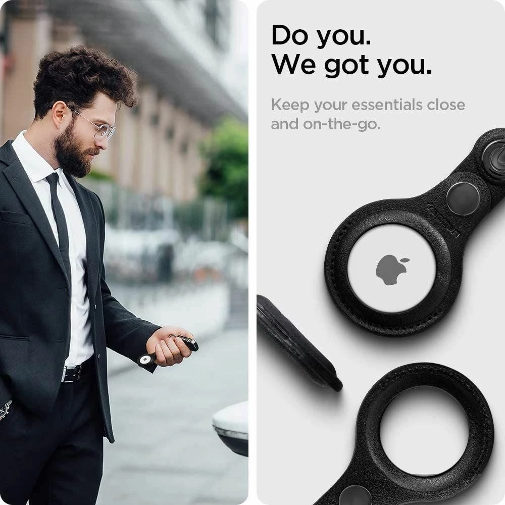 Mbështjellës me zinxhir për Apple AirTag Spigen Valentinus, lëkurë me karabinë çelik, zi, 1 copë