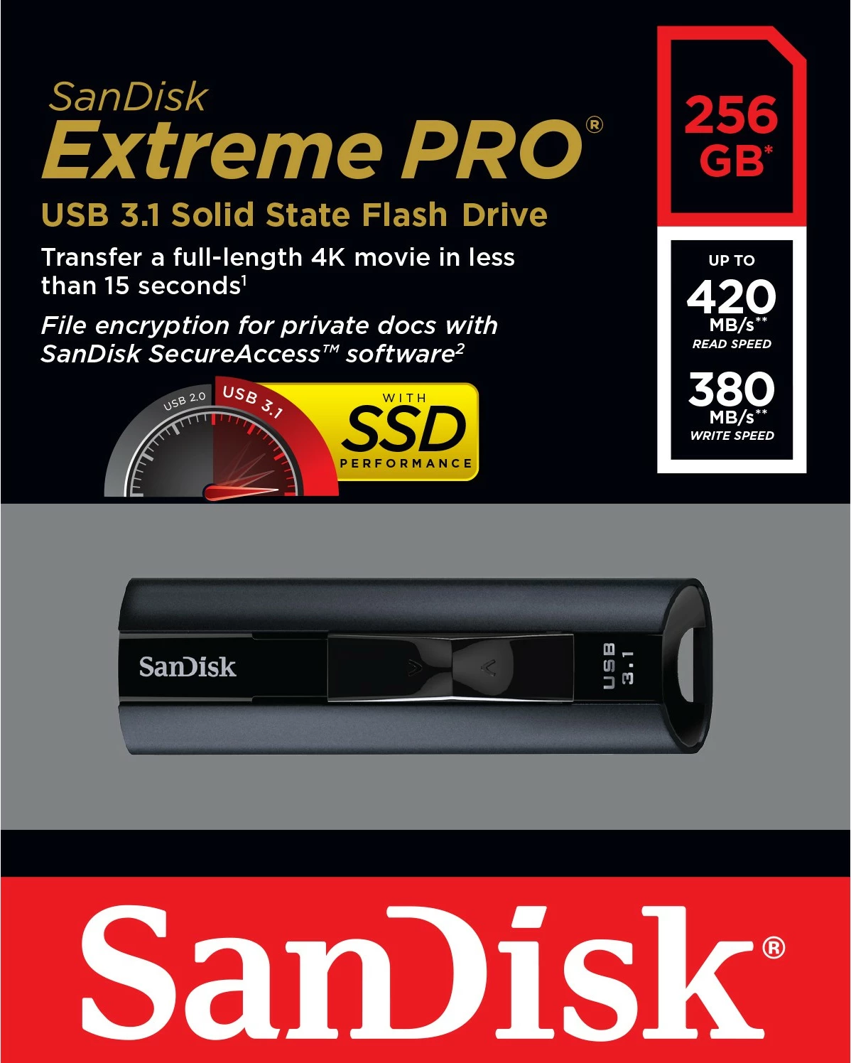 USB SanDisk Extreme Pro, 256 GB, USB Type-A, 3.2 Gen 1, 420 MB/s, Slide, Black