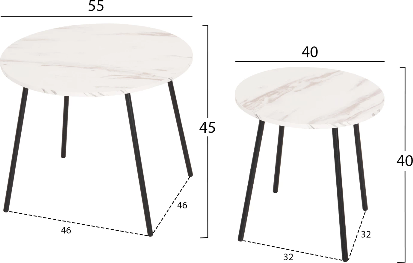 Tavolina kafeje 2 copë, të rrumbullakëta, bakri, FH9878.12, melaminë, ngjyrë mermeri të bardhë-metal të zi, Φ55x45H cm