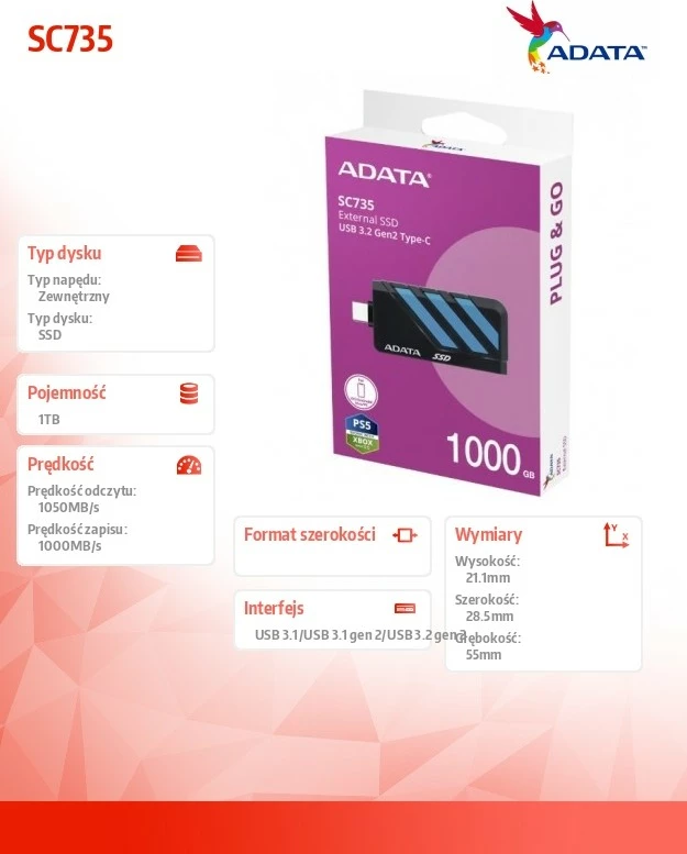 Disk i jashtëm SSD Adata SC735, 1TB, USB 3.2 Gen2 Type-C, Zi/Blu