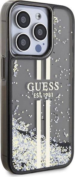 Mbështjellës Guess Liquid Glitter Gold Stripes për iPhone 15 Pro, i zi