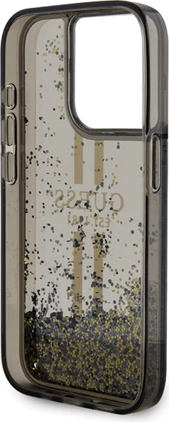 Mbështjellës Guess Liquid Glitter Gold Stripes për iPhone 15 Pro, i zi