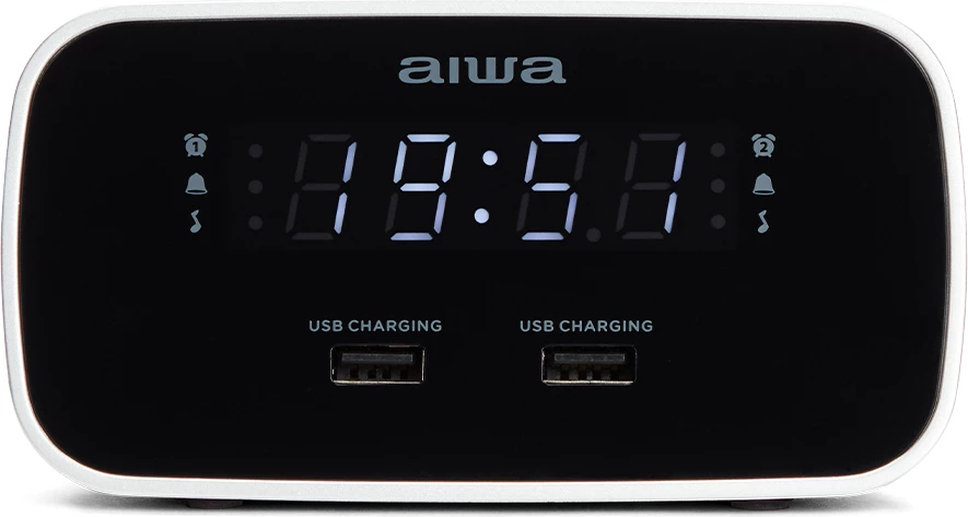 Orë alarmi me radio Aiwa CRU-19BK, FM/PLL, 2 alarme, 2x USB karikim, AUX In, ekran LED i zbehshëm, e zezë