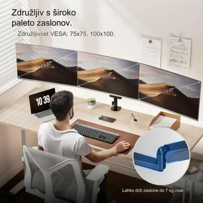 Mbajtës tavoline për 3 monitorë VONHAUS 3000243, 17-27 inç, gas spring, VESA 75x75/100x100, i zi