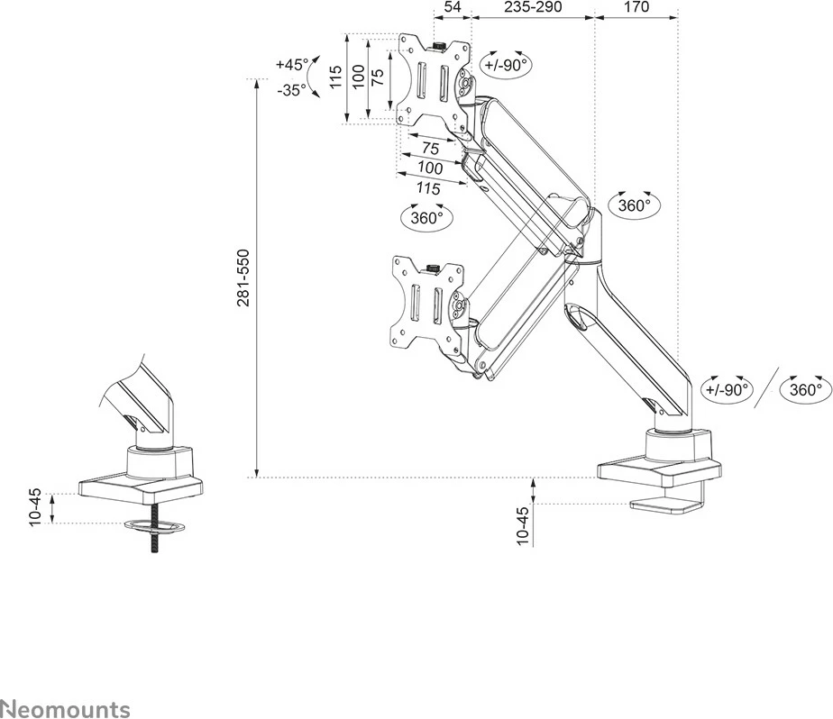 Krah monitori Neomounts DS70-450WH1, gas spring, Topfix, 17-42 inç, 15 kg, i bardhë