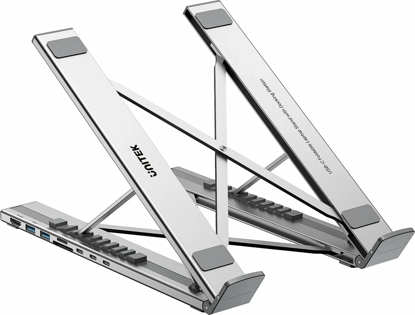 Kasë laptopi Unitek, me hub HDMI/PD/SD, e rregullueshme, ngjyrë argjendtë