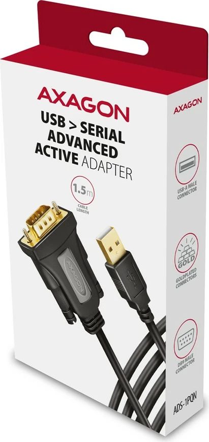 Adapter AXAGON ADS-1PQN USB 2.0 në RS-232, 1.5m, FTDI, i zi