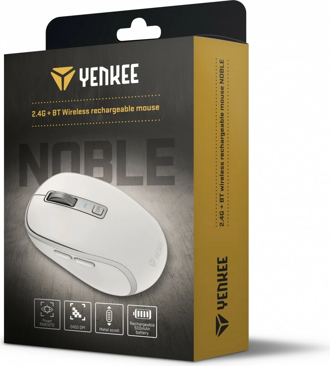 Maus wireless YENKEE NOBLE YMS 2085WH, 5 butona, Bluetooth + WiFi, Bardhë/Gri