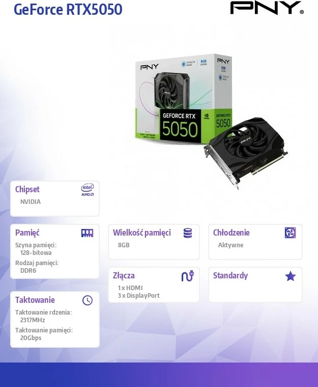 Kartelë grafike, PNY, GeForce RTX 5050 VCG50508SFXPB1, 8GB GDDR6, 128-bit, PCIe 5.0 x8, 1 ventilator