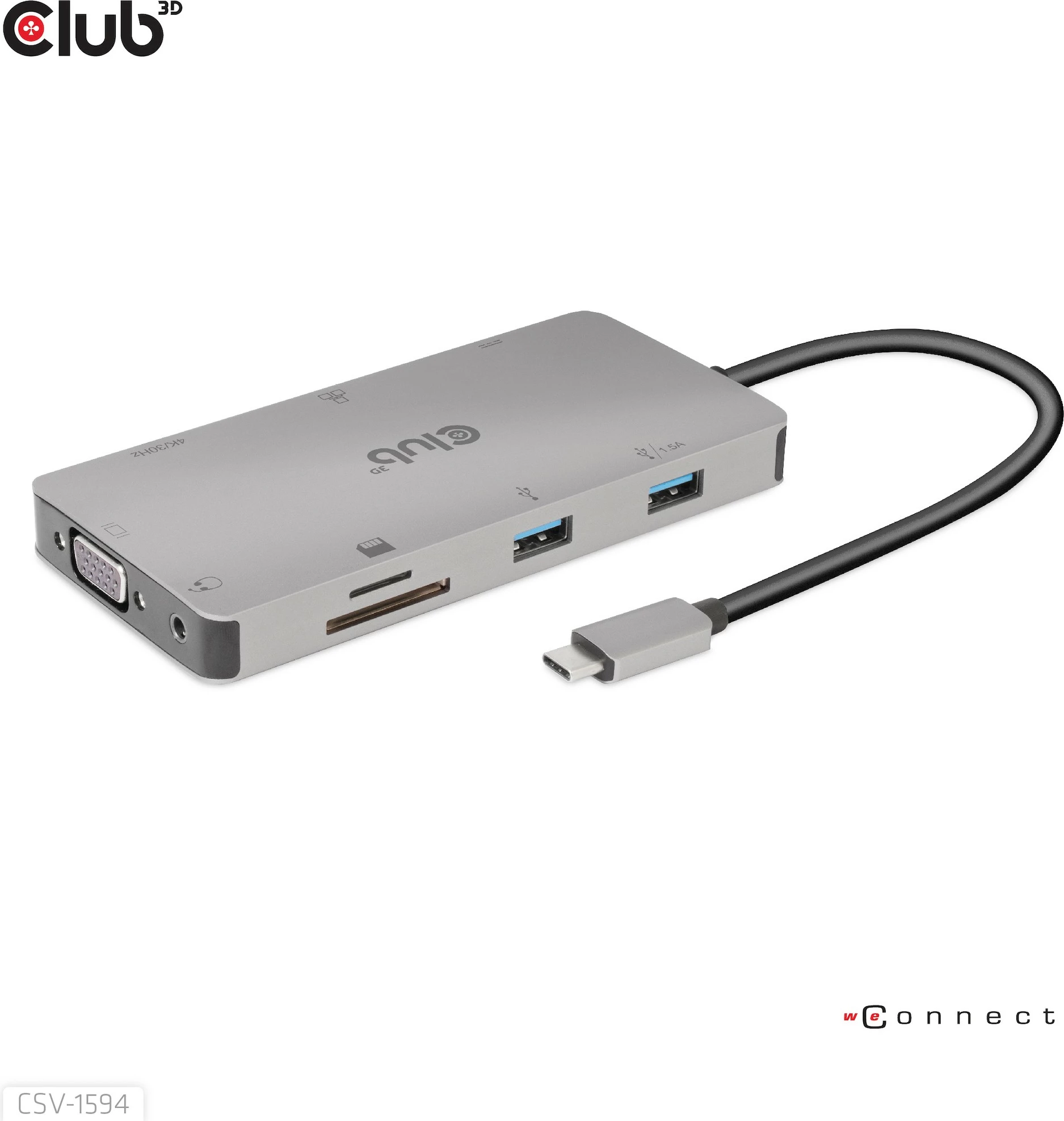 HUB USB-C Club3D 9in1, HDMI VGA 2xUSB RJ45 SD, 100W, zi/gri