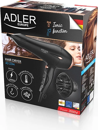 Tharëse flokësh, Adler AD 2244, 2000W, ION, 2 shpejtësi, 3 temperatura, funksion ajër i ftohtë, motor AC, difuzor dhe koncentrator, kabllo 3m, e zezë