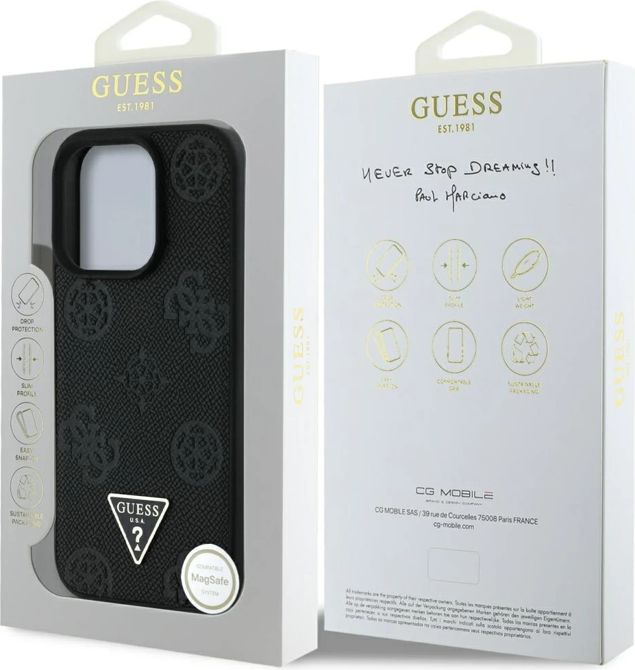 Mbështjellës Guess Grained Hot Stamp Peony Triangle Logo MagSafe për iPhone 16 Pro, Zi
