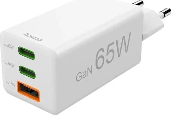 Karikues Hama mini GaN 65W PD/QC 2x USB-C, 1x USB-A, bardhë