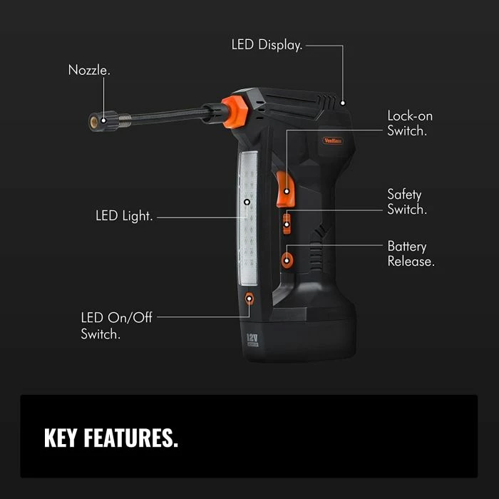 Inflator gomash VONHAUS 3500001 12V, bateri Li-ion 1500mAh, manometër digjital LCD, LED, i zi/portokalli, set me aksesorë