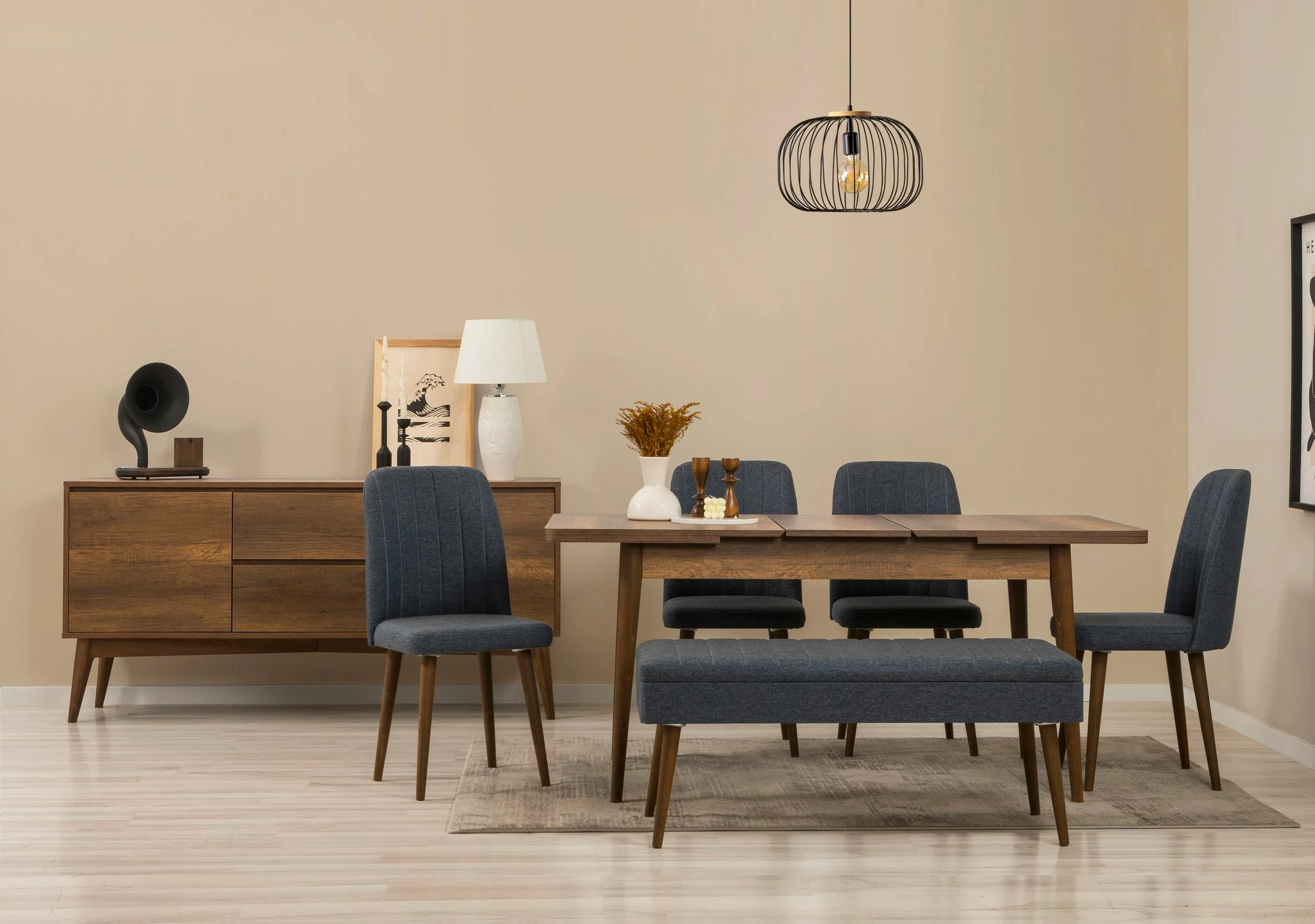 Set tavolinë me karrige dhe konsol, zgjatues, 7 pjesë, Skye Decor, Vina 03 1048, ngjyrë arre, blu e errët