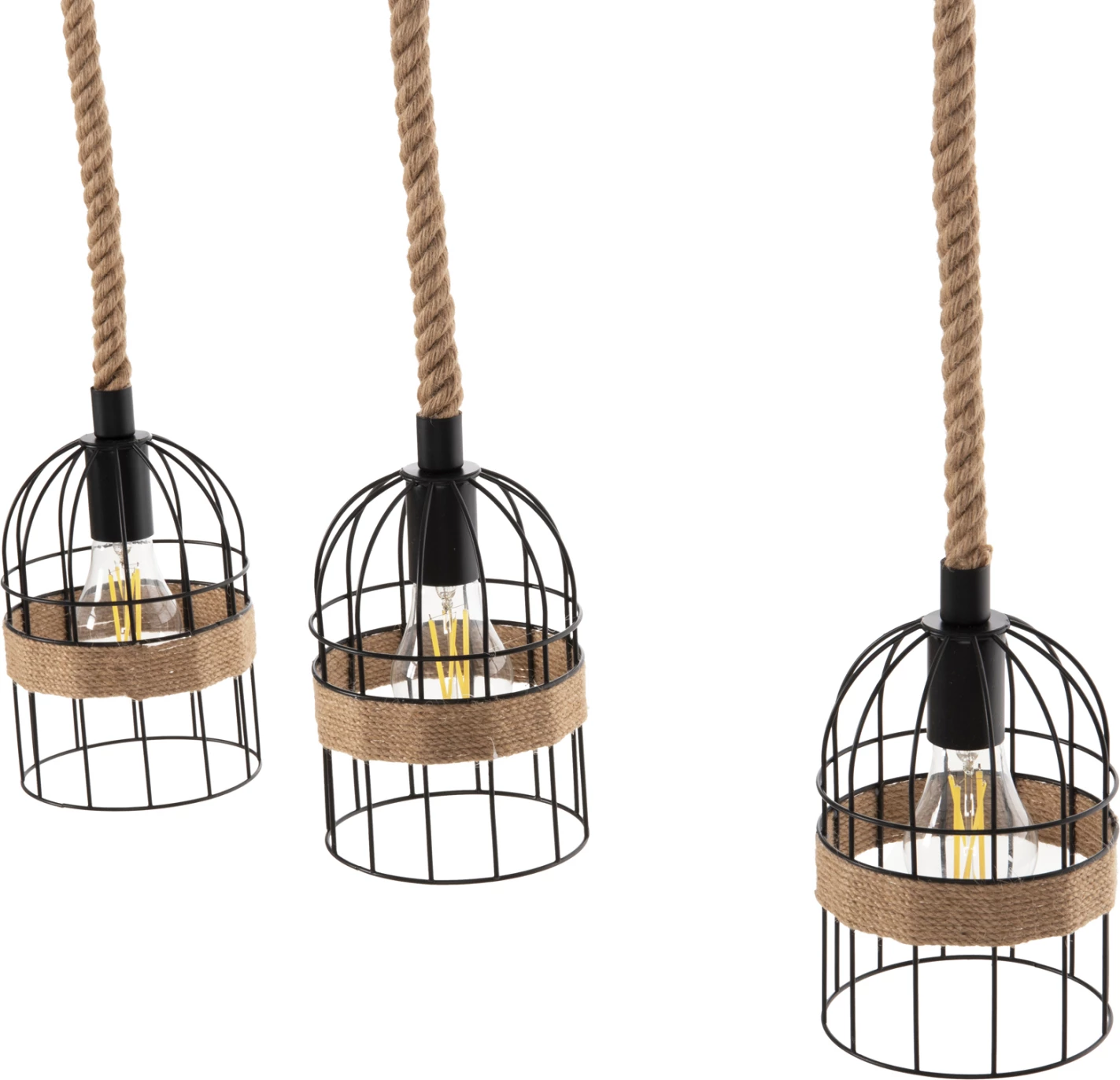 Llambë varëse tavani 3-dritash FH4180 metal i zi-litar kërpi natyral 80x14,5x137Hcm