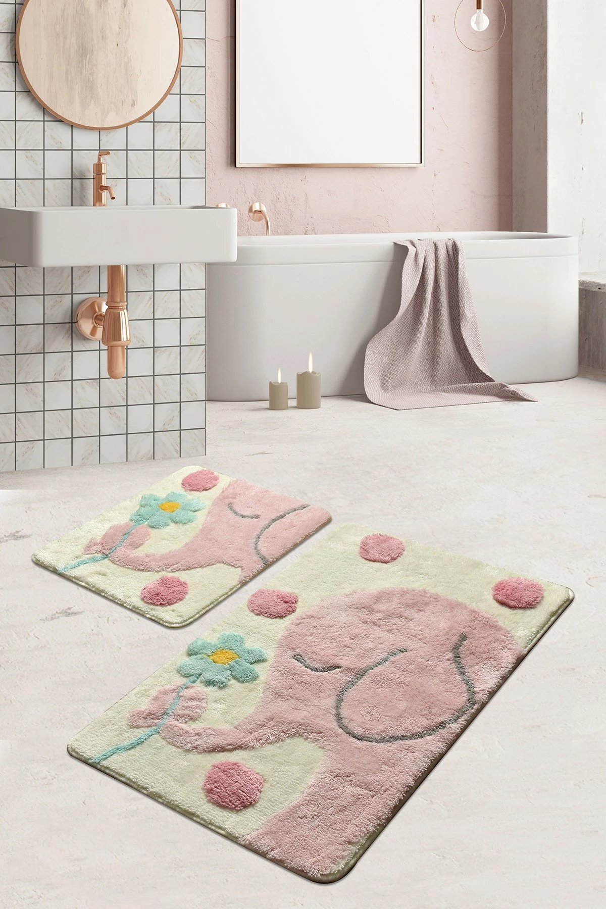 Set tapetë banje akrilik (2 copë), Mijolnir, Fil i madh, rozë