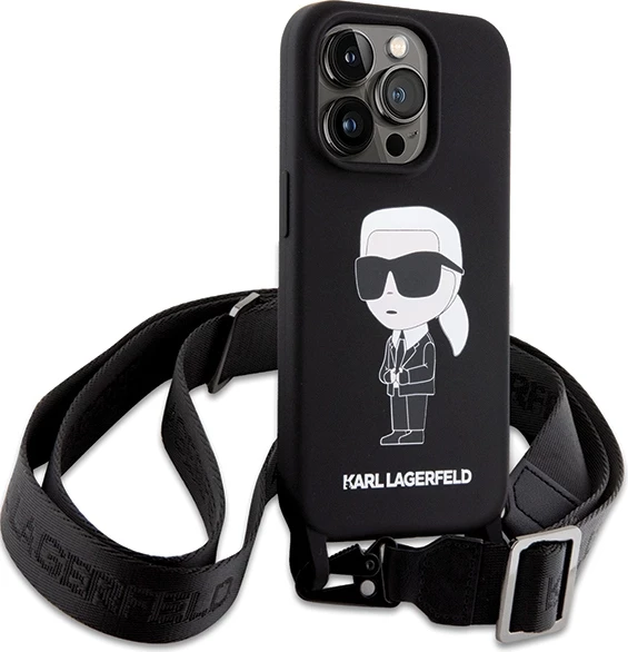 Mbështjellës Karl Lagerfeld KLHCP15XSCBSKNK për iPhone 15 Pro Max 6.7", silikoni, me rrip, zi