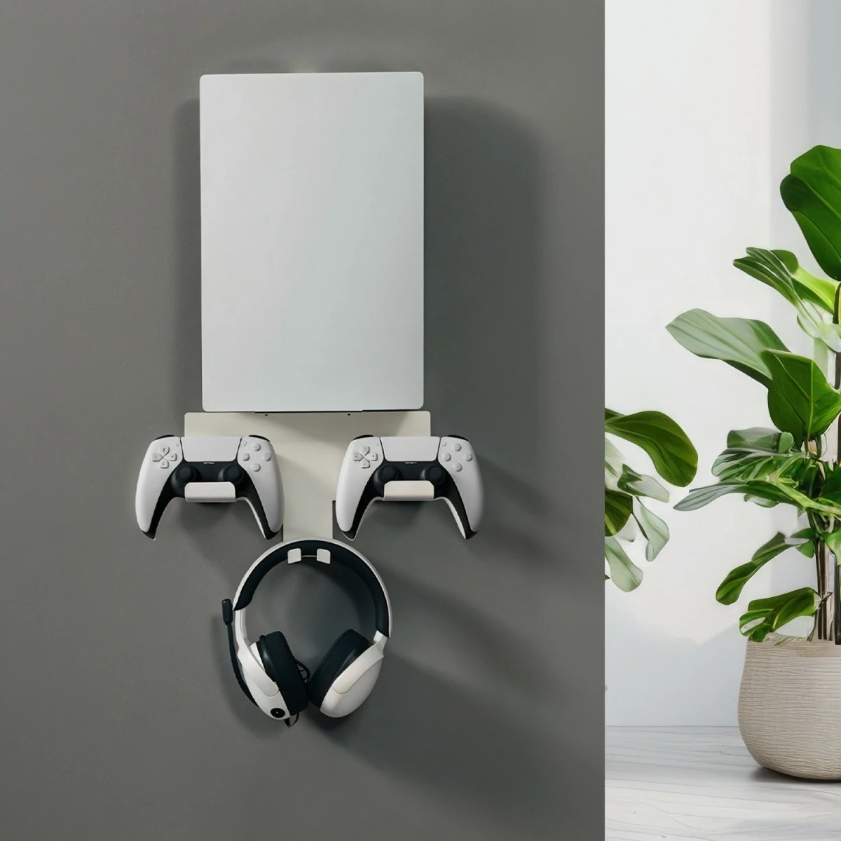 Mbajtëse muri për PlayStation 5 Maclean RS181, me vend për kontrollorë dhe kufje, e bardhë