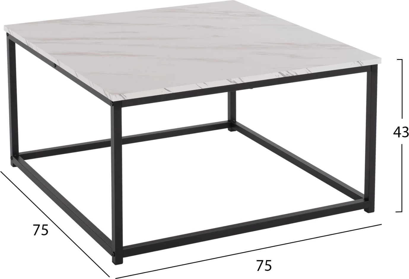 Tavolinë kafeje BRAYLEN FH8942.12 katrore melamine me pamje mermeri të bardhë - bazë e zezë 75x75x43H cm