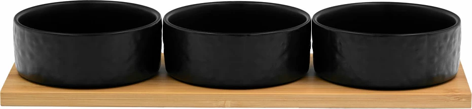 Set me 3 tasa Fleurs, porcelan i zi, bambu natyral, 29x10x5cm