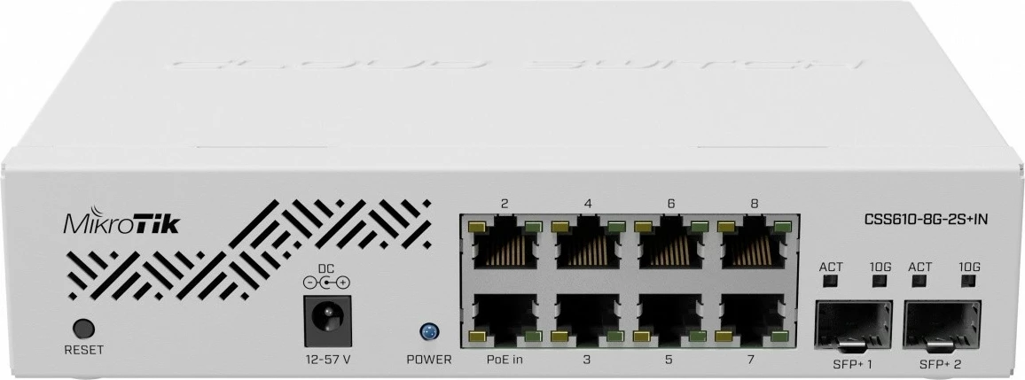 Switch i menaxhuar Mikrotik CSS610-8G-2S+IN, 8x1GbE, 2xSFP+, i bardhë