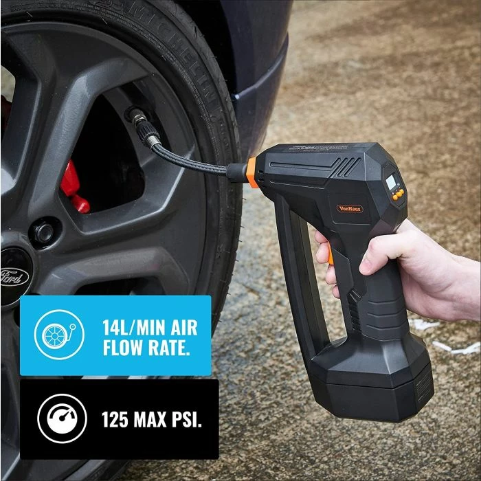 Inflator gomash VONHAUS 3500001 12V, bateri Li-ion 1500mAh, manometër digjital LCD, LED, i zi/portokalli, set me aksesorë