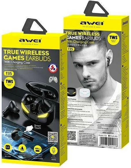 Kufje wireless AWEI T35 TWS me stacion karikimi, Bluetooth 5.0, për gaming, të zeza