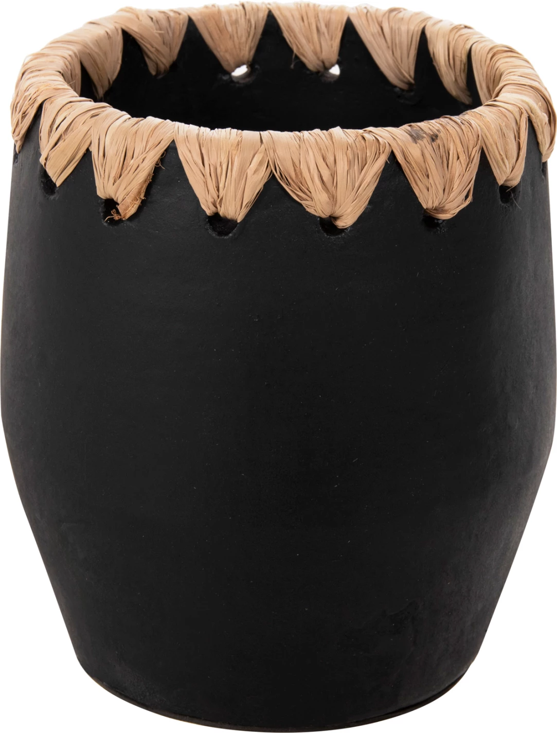 Vazo dekorative FH4368 terrakote, ngjyrë e zezë me thurje kashte në buzë, Φ13x16H cm