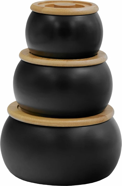 Set 3 kavanoza për ruajtje, porcelan i zi, kapak bambuje, 16x16x23cm