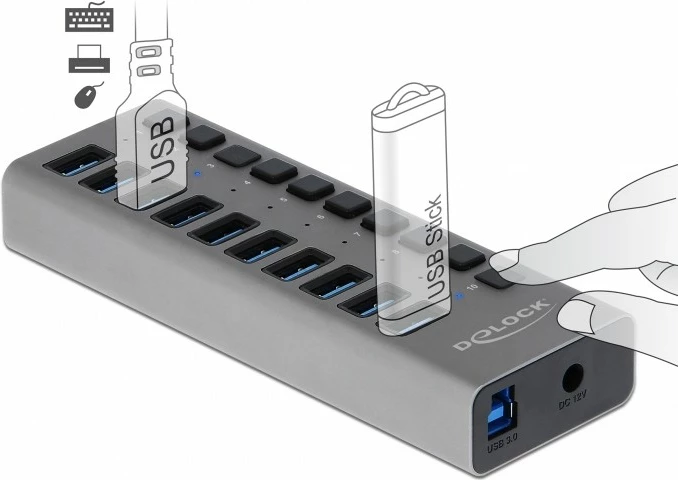 USB hub DeLOCK 10 porta, USB 3.2 Gen 1, alumini, 1m, gri