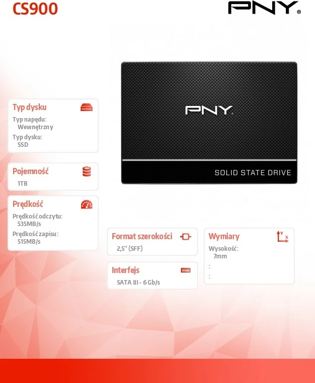 SSD PNY CS900, 1TB, 2.5", SATA III, i brendshëm