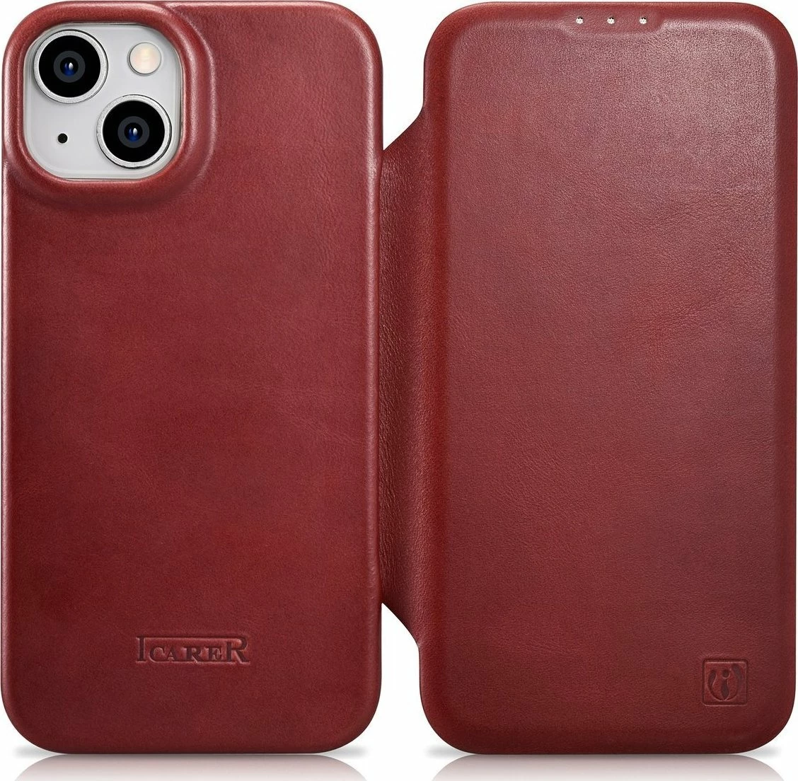 Mbështjellës iCarer CE Oil Wax Premium Leather Folio AKI14220707-RD për iPhone 14 Plus, lëkurë natyrale, me flapa magnetike, MagSafe, kuqe