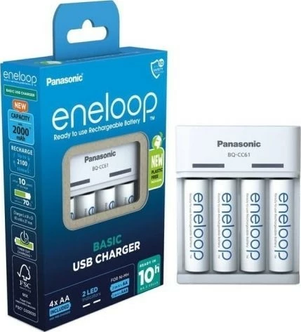 Karikues USB Panasonic K-KJ61MCD40USB me 4 bateri AA Eneloop 2000 mAh, Bardhë