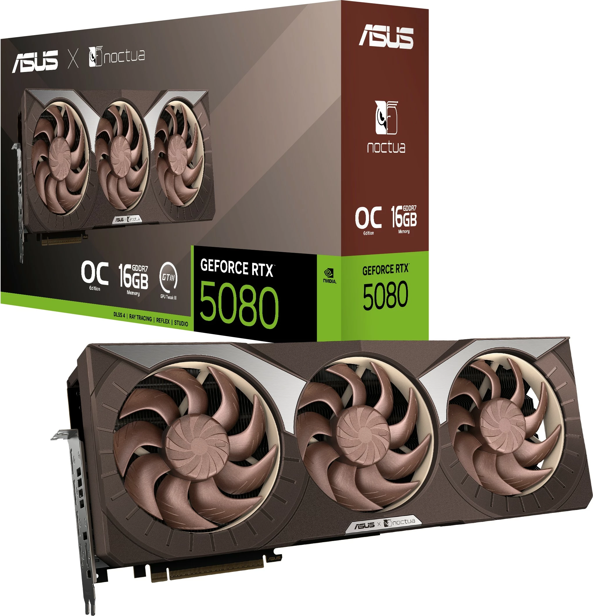 Kartelë grafike ASUS RTX 5080 Noctua OC Edition 16GB GDDR7, 3 ventilatorë, kafe