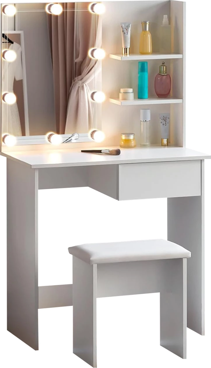 Tavolinë grimi me LED dhe rafte, LAURYN FH2501.03, melaminë, e bardhë, 75x40x134.5H cm