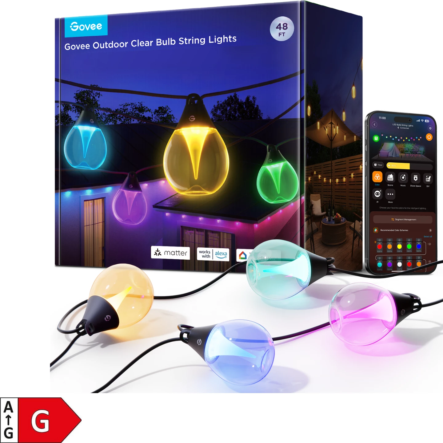 Varg dritash LED smart për jashtë Govee Outdoor Clear Bulb String Lights 48 ft (14.6 m) RGBWIC 1200 lm, transparente