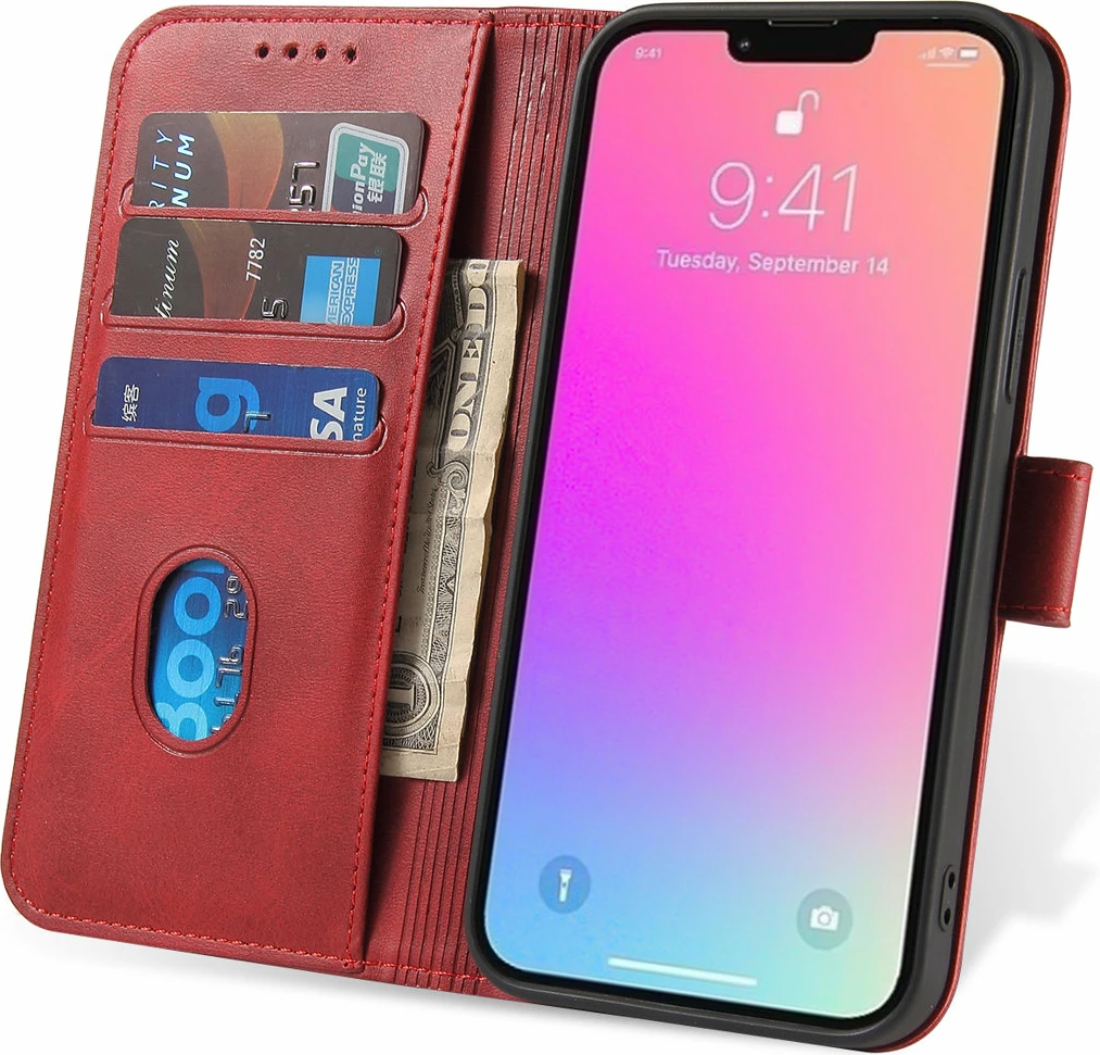 Mbështjellës Hurtel Magnet Case për iPhone 15 Pro Max, me kapak, portofol dhe qëndresë, Kuq