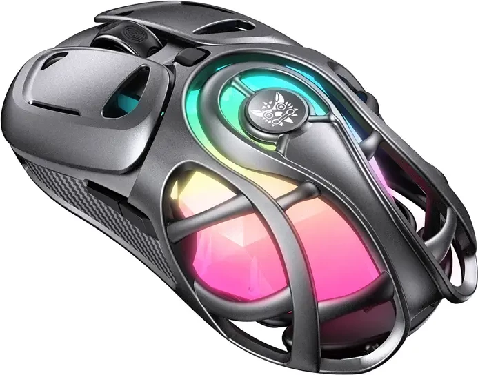 Maus gaming ONIKUMA DM02 12800 DPI RGB 3 mënyra lidhjeje, gri, set me receiver 2.4GHz dhe kabllo USB-A në USB-C