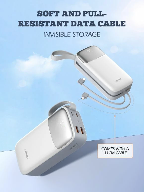 Power bank LDNIO PQ30 30000mAh 22.5W me kabllo të integrume USB-C/Lightning, 2 porta USB, e bardhë