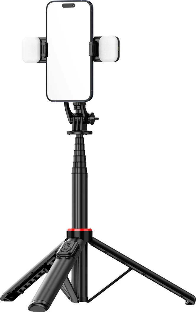 Selfie stick Hurtel WC12YDS tripod teleskopik me dy llampa, 1.3m, Bluetooth, i zi