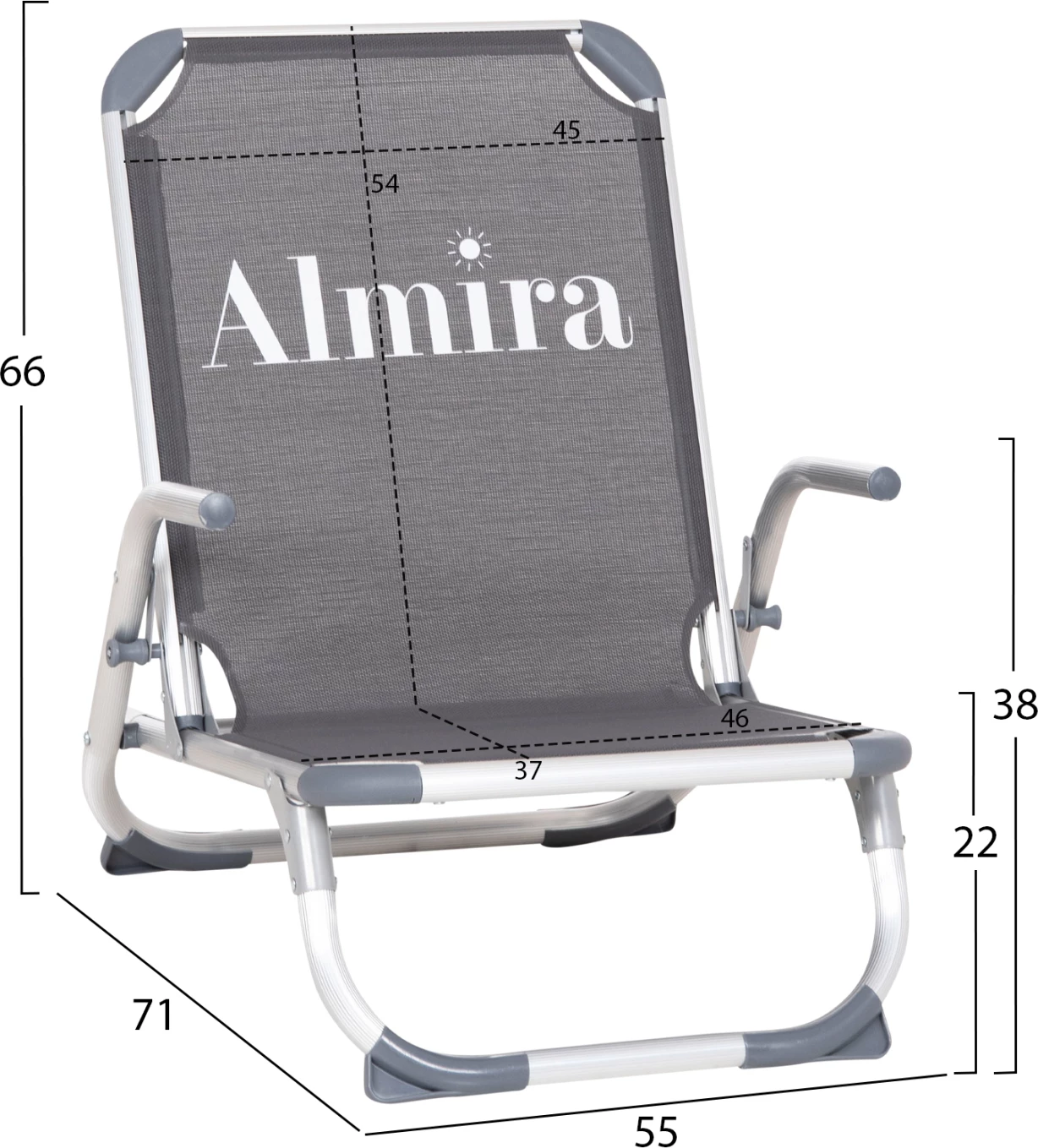 Karrige plazhi e palosshme, alumin i fortë, tekstilene gri, shpinë e lartë, Almira FH5053.10, 55x71x66cm