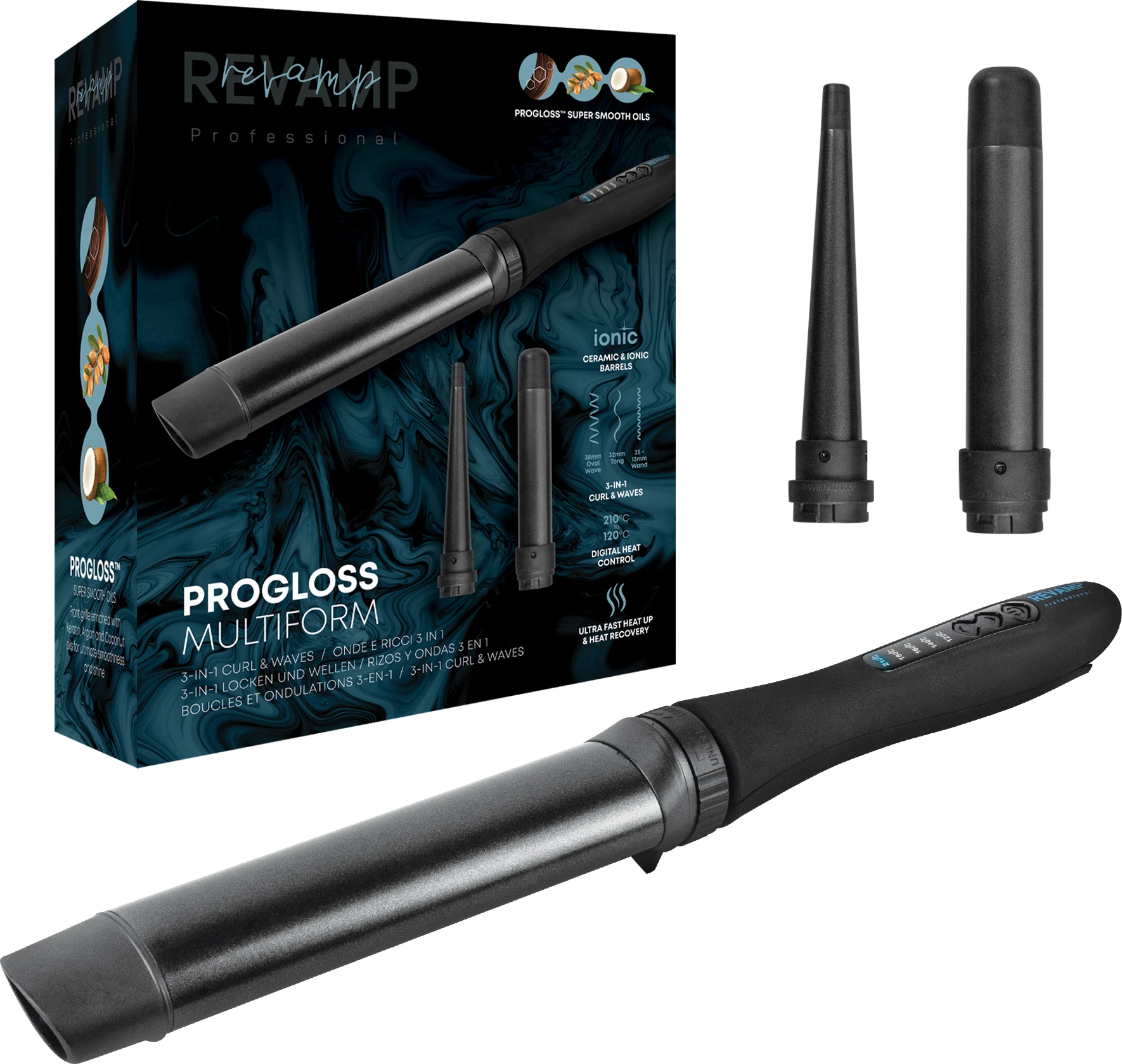 Hekur për kaçurrela Revamp Progloss Multiform WD-1500 3në1, 120–210°C, i zi/gri, set me 3 cilindra
