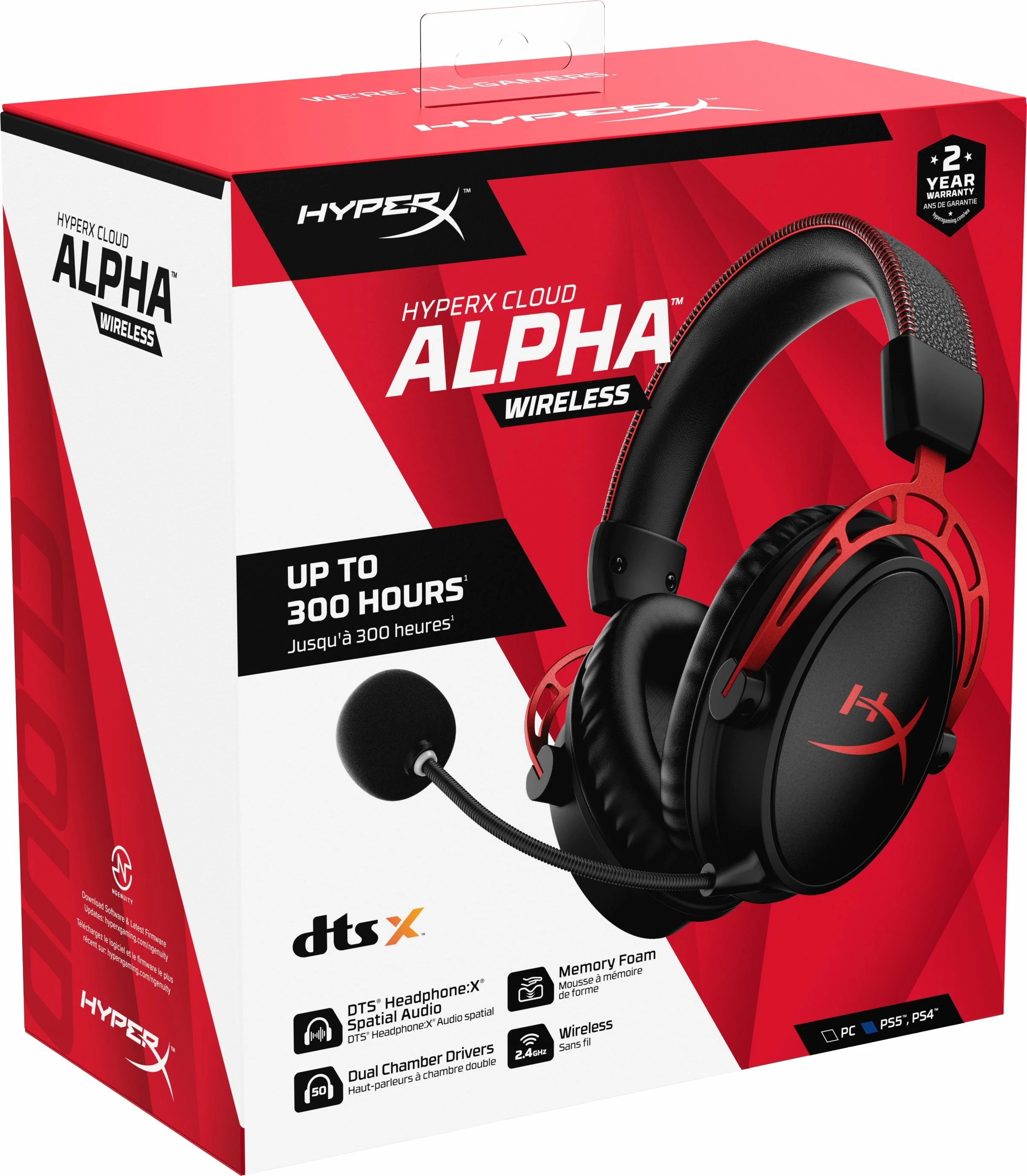 Kufje gaming wireless HyperX Cloud Alpha Wireless (4P5D4AA), bateri 300 orë, mikrofon i shkëputshëm, DTS HeadphoneX, kuqe