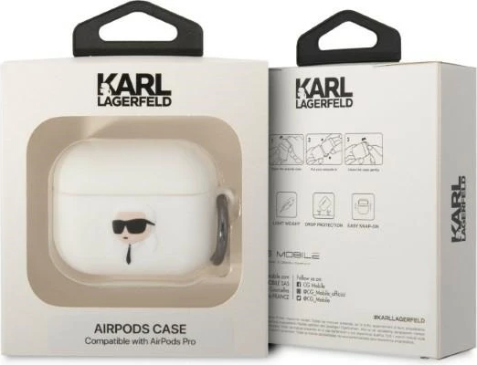Mbështjellës Karl Lagerfeld për AirPods Pro, Silicone Karl's Head 3D, i bardhë, me unazë
